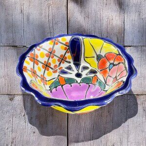 Hand Made Mexico Pottery Dish Bowl Hand Painted Folk Art Lead Free Bowl Vintage